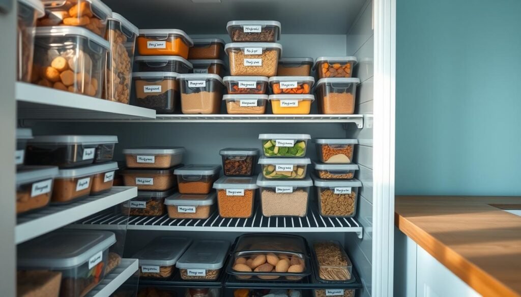 A neatly organized freezer filled with labeled and stacked clear plastic containers, showcasing a variety of homemade meals and ingredients. The shelves are arranged in a clean, minimalist style, with a light blue accent wall in the background, creating a cozy and efficient kitchen atmosphere. The lighting is soft and warm, highlighting the textures of the wooden surfaces. The overall scene conveys a sense of preparedness and control, reflecting the 