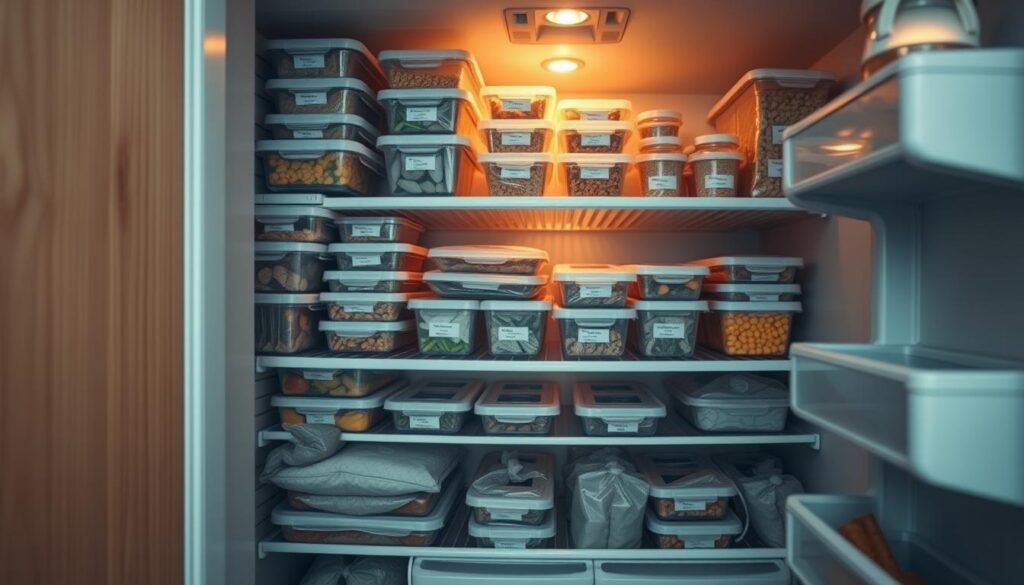 A neatly organized freezer in a cozy, minimal kitchen with wooden textures and light blue accents. Rows of tightly packed containers and labeled meal prep bags line the shelves, creating a visually pleasing and efficient system. The freezer's interior is illuminated by soft, diffused lighting, casting a warm glow over the meticulously arranged contents. The camera angle offers a close-up view, emphasizing the level of detail and organization within the freezer space, without any visible hands or human presence.