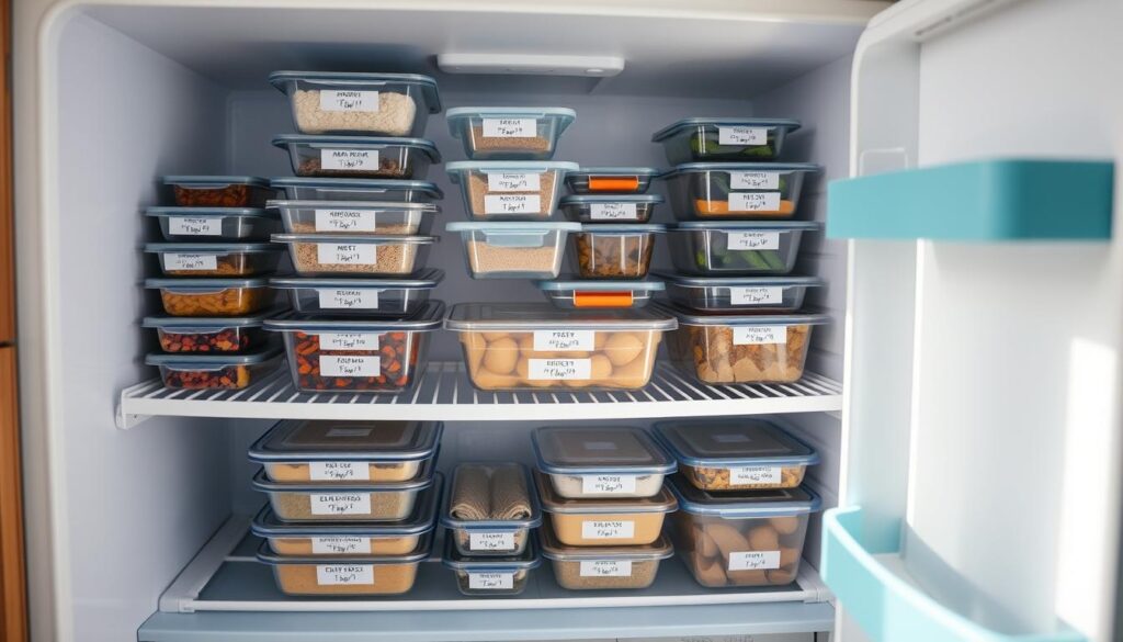 A neatly organized freezer with labeled meal prep containers arranged in a grid pattern on the shelves. The containers are in various sizes and shapes, color-coded for easy identification. The freezer is well-lit, showcasing the clean, minimal design of the kitchen. The wooden textures and light blue accents create a cozy, calming atmosphere. The overall scene conveys efficiency and intentionality in meal preparation, reflecting the article's focus on making ahead family dinners.
