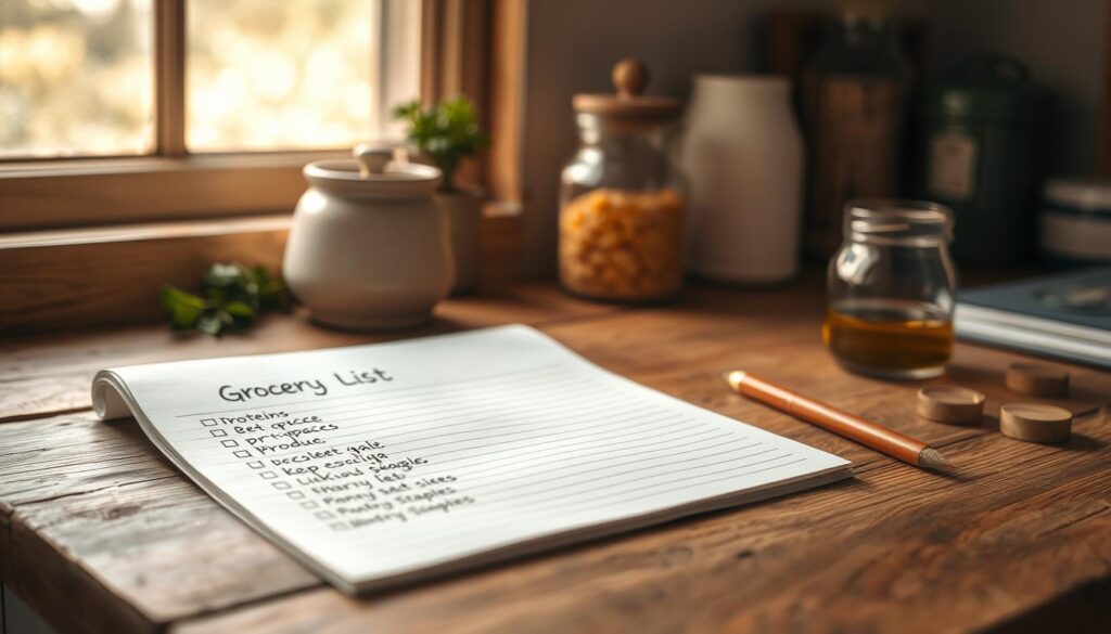 A neatly organized grocery list resting on a rustic wooden kitchen counter, softly illuminated by warm natural light filtering through a nearby window. The list is handwritten in a clean, legible script, with items grouped into categories like 