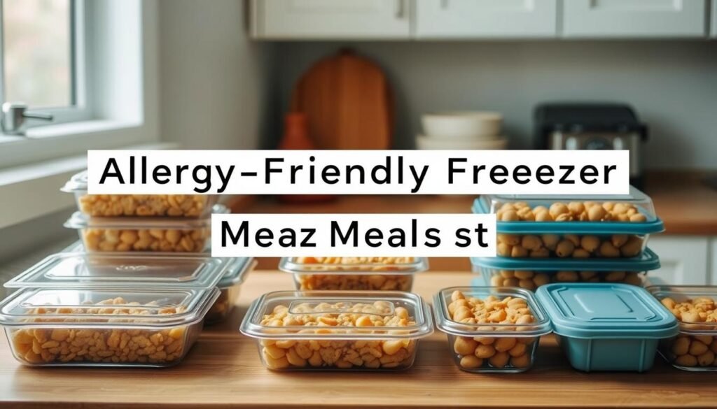 A neatly organized kitchen counter displays a variety of allergy-friendly freezer meal containers, their contents clearly visible through transparent lids. The soft lighting creates a warm, inviting atmosphere, complemented by the natural wooden textures and light blue accents. The arrangement is clean and minimalist, with no hands or other distractions, allowing the focus to remain on the prepared meals. The overall scene conveys a sense of efficiency and care in the meal prepping process, ideal for the 