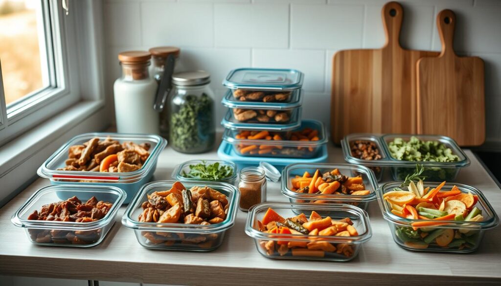 A neatly organized kitchen counter displays a variety of meal prep containers filled with homemade dishes - hearty stews, roasted vegetables, and fresh salads. The soft natural light filtering through the window casts a warm glow over the scene, highlighting the simple wooden textures and light blue accents of the minimal, cozy space. Glass jars of spices and herbs stand ready, while a cutting board and chef's knife suggest recent culinary endeavors. This serene, uncluttered setting evokes a sense of mindful preparation, perfect for stocking a rental kitchen with make-ahead family dinners.