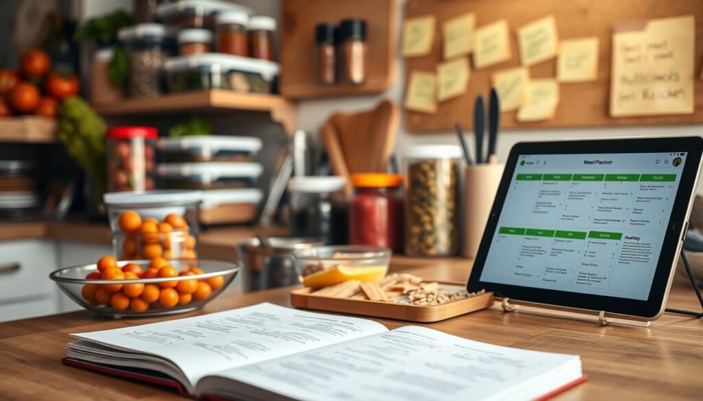 A neatly organized kitchen counter displays an array of colorful ingredients, meal prep containers, and a well-stocked spice rack, all bathed in soft, natural lighting. In the foreground, a meal planning notebook lies open, showcasing detailed schedules and checklists, hinting at a methodical approach to batch cooking. The mid-ground features a sleek digital tablet, its screen displaying a weekly meal planner with balanced, nutritious options. In the background, a corkboard displays sticky notes with reminders and family members' input, creating a sense of collaborative effort towards achieving meal planning goals.