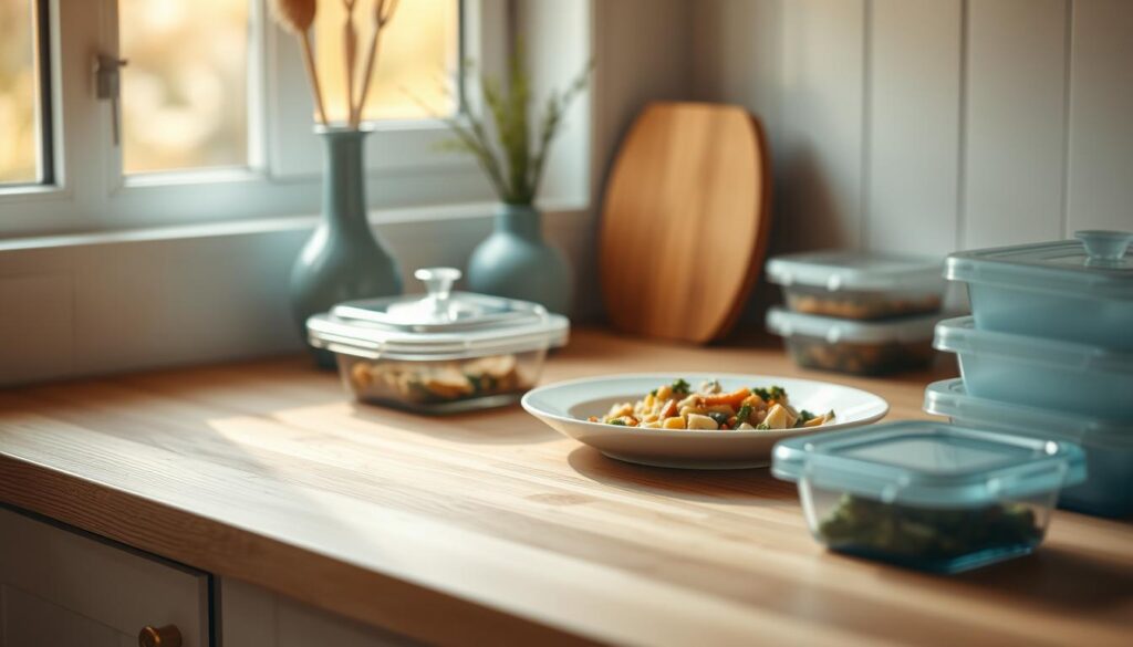 A neatly organized kitchen counter displays various leftover meal elements - a covered glass container, a plate with a small portion, and a small stack of plastic storage containers. The scene is bathed in warm, natural lighting from a nearby window, highlighting the textures of the wooden surface and the simple, minimalist aesthetic. A few blue-tinted accents, such as a decorative vase or utensil holder, add a touch of color to the composition. The overall mood is one of thoughtful meal planning and efficient food storage, inviting the viewer to consider creative ways to transform family dinner leftovers into delicious lunches.