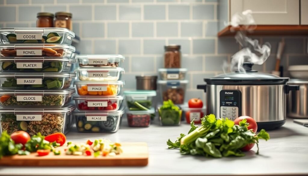 A neatly organized kitchen counter filled with various labeled glass containers, stacked plastic meal prep trays, and stainless steel bowls, all bathed in soft, even lighting. In the foreground, a cutting board with freshly chopped vegetables, while in the middle ground, a slow cooker emits aromatic steam. The background features a tidy pantry with jars of dry goods and a minimalist, light blue tile backsplash, creating a calming, efficiency-focused atmosphere perfect for meal prepping and batch cooking.