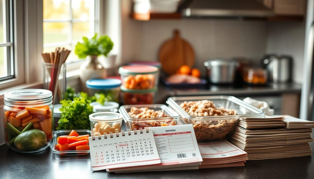 A neatly organized kitchen counter showcases a variety of freshly prepped ingredients - chopped vegetables, marinated meats, and labeled containers. Overhead, a soft, natural light filters through the windows, casting a warm, inviting glow. In the foreground, a calendar and a stack of savings coupons suggest the practical benefits of meal prepping for an upcoming vacation rental. The scene conveys a sense of efficiency, time, and cost savings, perfectly aligning with the 
