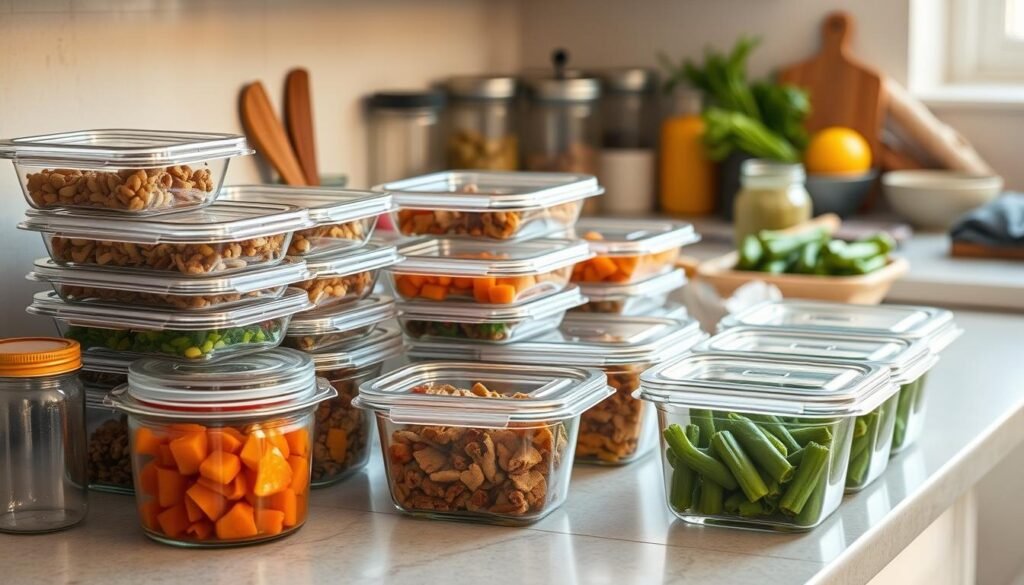 A neatly organized kitchen counter showcases a variety of reusable glass containers filled with pre-portioned meals. The warm, natural lighting casts a soft glow, highlighting the clean, minimalist aesthetic. Jars and bowls of fresh ingredients sit alongside, ready to be incorporated into the next batch of homemade freezer-friendly dishes. The scene conveys a sense of efficiency, preparation, and a commitment to meal planning and waste reduction.