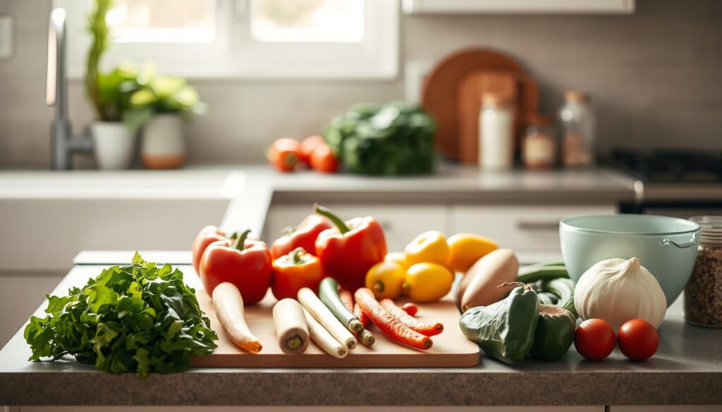 A neatly organized kitchen counter showcases an array of budget-friendly meal prep essentials: a variety of fresh vegetables, a cutting board, a mixing bowl, and a few simple pantry staples. The scene is bathed in soft, natural lighting, creating a warm and inviting atmosphere. The overall composition emphasizes efficiency, practicality, and a mindful approach to meal planning, reflecting the theme of 