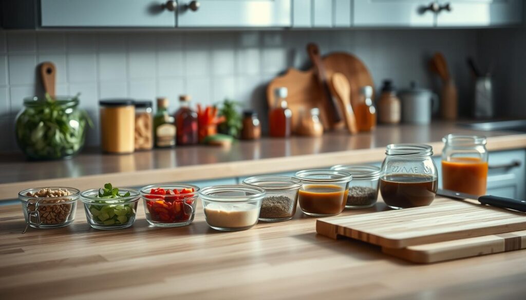 A neatly organized kitchen counter with an array of pre-prepped ingredients - chopped vegetables, measured spices, and various sauces in glass containers. The lighting is soft and diffused, creating a warm, inviting atmosphere. The countertop is made of light-colored wood, complemented by subtle blue-gray accents on the cabinets and backsplash. Carefully arranged utensils and a cutting board suggest a mindful, time-saving approach to meal preparation. The overall scene conveys a sense of efficiency and simplicity, capturing the benefits of a make-ahead sauce collection for easy, nourishing family dinners.