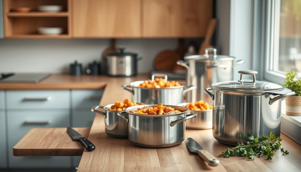 A neatly organized kitchen counter with an array of stainless steel pots and pans, each containing a hearty, aromatic dish. The muted light from a large window casts a warm, natural glow, accentuating the wooden textures and light blue accents. On the counter, a cutting board, a chef's knife, and a few fresh herbs suggest a recent flurry of culinary activity. The scene conveys a sense of efficiency and ease, hinting at the convenience of batch cooking family-favorite meals in large quantities.