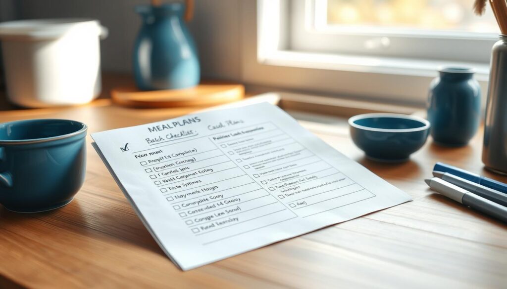 A neatly organized meal plan checklist lies on a wooden kitchen counter, surrounded by minimalist blue accents. The checklist, with clearly delineated sections, features carefully handwritten notes and checkboxes, conveying a sense of intentional planning and thoughtful preparation. Soft, natural lighting from a nearby window illuminates the scene, creating a cozy and inviting atmosphere. The overall composition emphasizes the importance of a structured approach to batch cooking and waste reduction, guiding the viewer through the step-by-step process.