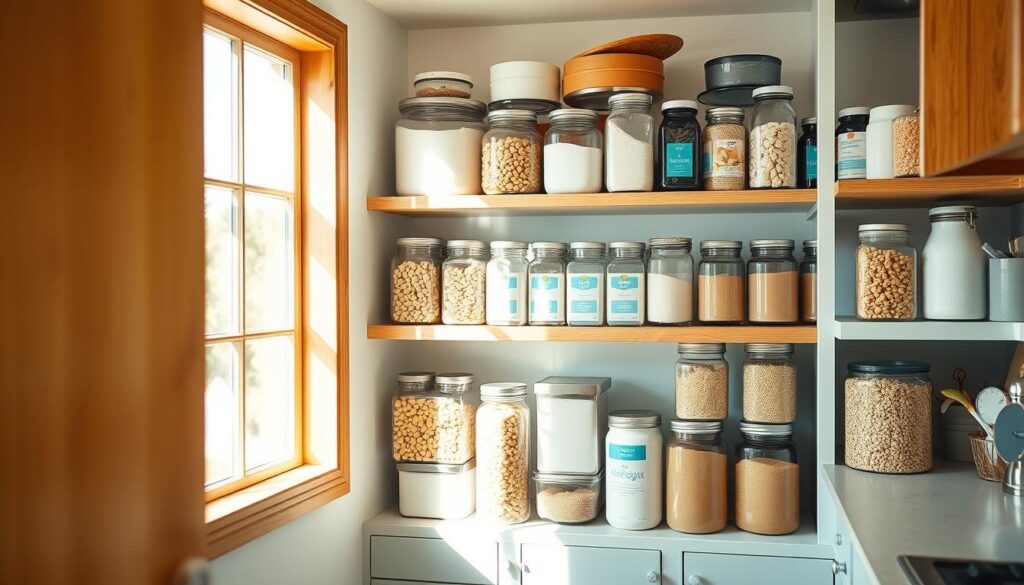A neatly organized pantry in a cozy, minimal kitchen with warm wooden textures and light blue accents. Rows of glass jars, canisters, and tin cans filled with allergy-friendly ingredients like gluten-free flour, chickpeas, quinoa, and dairy-free milk alternatives. Natural light from a nearby window creates soft shadows and highlights the clean, uncluttered space. The overall atmosphere is one of order, simplicity, and thoughtful meal prep for a family with special dietary needs.
