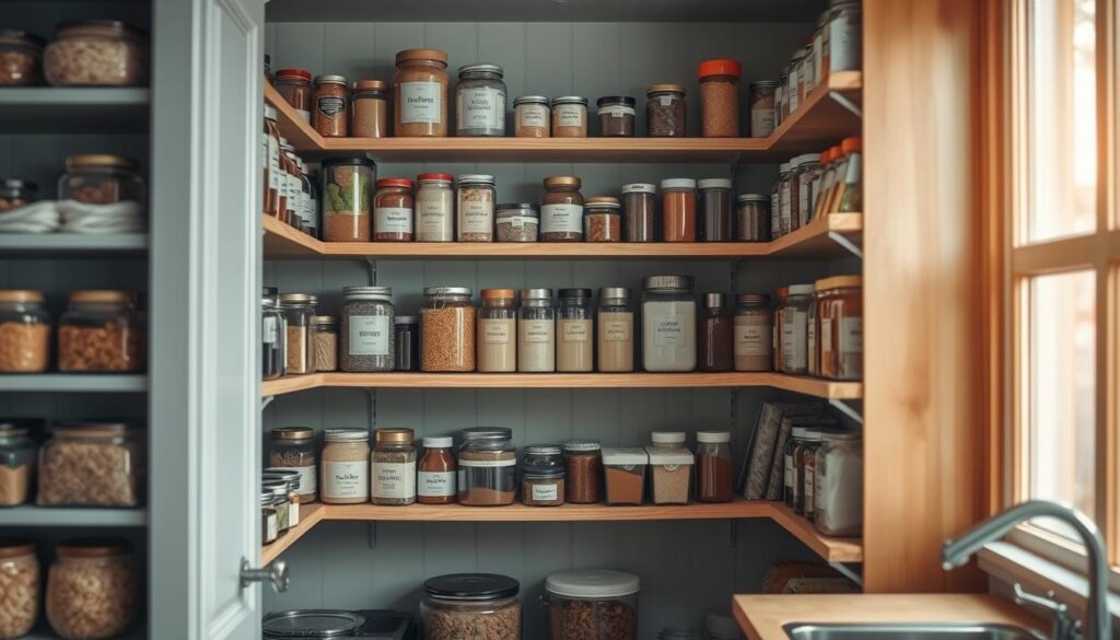 A neatly organized pantry, shelves stocked with an array of labeled jars, cans, and packages, all carefully arranged for maximum efficiency. The soft, natural light filters through the kitchen's windows, casting a warm glow on the wooden accents and light blue hues that adorn the space. Spices, grains, and dried goods are meticulously categorized, creating a sense of order and purpose. The overall atmosphere is one of calm, inviting the viewer to imagine the delicious meals that could be prepared from this well-stocked sanctuary.