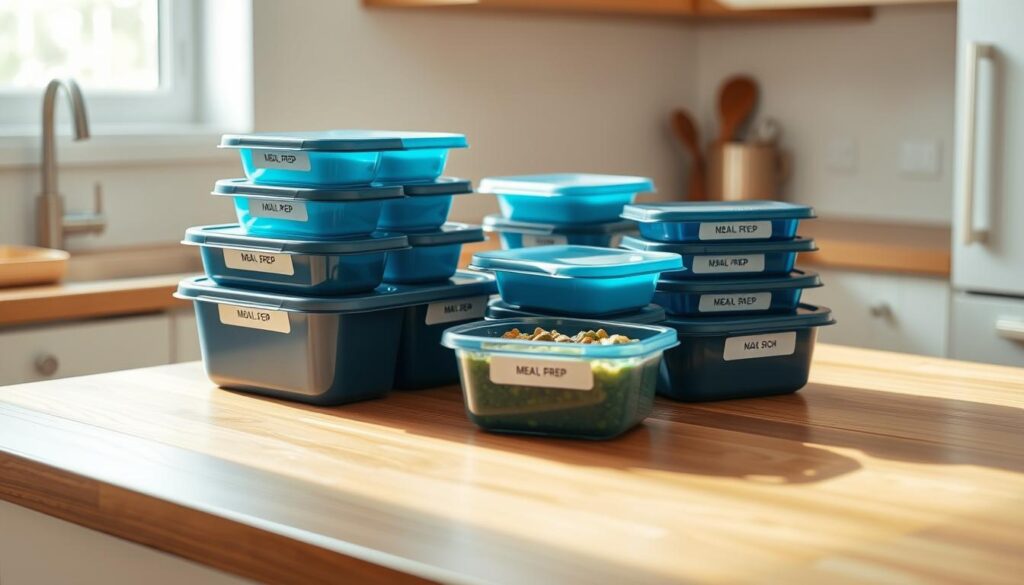 A neatly organized set of labeled meal prep containers sits on a wooden kitchen counter, bathed in soft, natural lighting. The containers, in various shades of blue, are arranged in a visually pleasing grid, each one clearly marked with the contents. The minimal, clean-lined design of the kitchen provides a serene backdrop, allowing the containers to be the focal point. The overall scene conveys a sense of order, efficiency, and a thoughtful approach to meal planning and preparation.