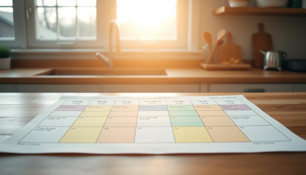 A neatly organized weekly meal prep schedule laid out on a wooden kitchen counter, with a minimalist aesthetic. The schedule features colorful grid-like boxes, each outlining a meal's details - ingredients, cooking time, and serving size. Soft, natural lighting filters in through large windows, casting a warm glow over the scene. The schedule is accompanied by a few essential cooking utensils, such as a wooden spoon and a small cutting board, hinting at the hands-on preparation to come. The overall mood is one of efficiency, organization, and a sense of calm anticipation for the meals ahead.