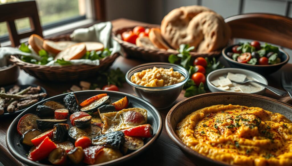 A rustic Italian feast laid out on a wooden table, overflowing with an assortment of homemade sides. In the foreground, a platter of roasted vegetables - zucchini, eggplant, and bell peppers, drizzled with olive oil and sprinkled with herbs. Beside it, a bowl of creamy, cheesy polenta, its golden hue catching the soft, natural light filtering in from a nearby window. In the middle, a basket of freshly baked garlic-herb focaccia, its crusty exterior complemented by a fluffy interior. In the background, a simple salad of mixed greens, tomatoes, and shaved parmesan, dressed in a tangy balsamic vinaigrette. The entire scene exudes a cozy, inviting atmosphere, perfect for an intimate Italian feast.