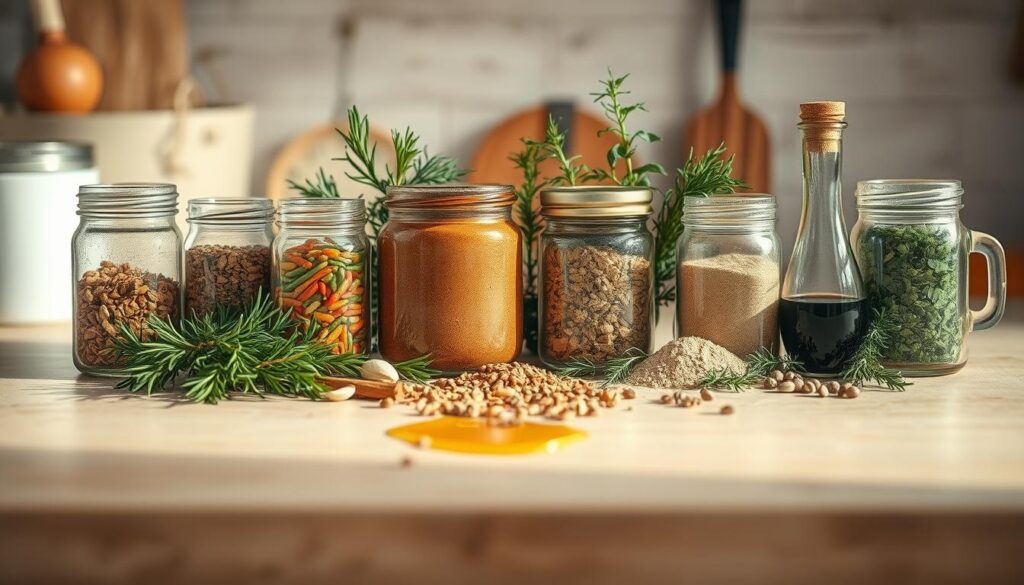 A rustic kitchen counter displays an artful arrangement of various spices, herbs, and seasonings. Jars of dried chili flakes, garlic powder, and ground cumin sit alongside fresh sprigs of rosemary, thyme, and oregano. Drizzles of golden olive oil and balsamic vinegar accentuate the palette, creating a visually appealing and tactile display of flavor boosters. Warm, directional lighting casts soft shadows, highlighting the textures and natural tones of the ingredients. The overall mood is one of culinary inspiration and the promise of delicious, wholesome meals.