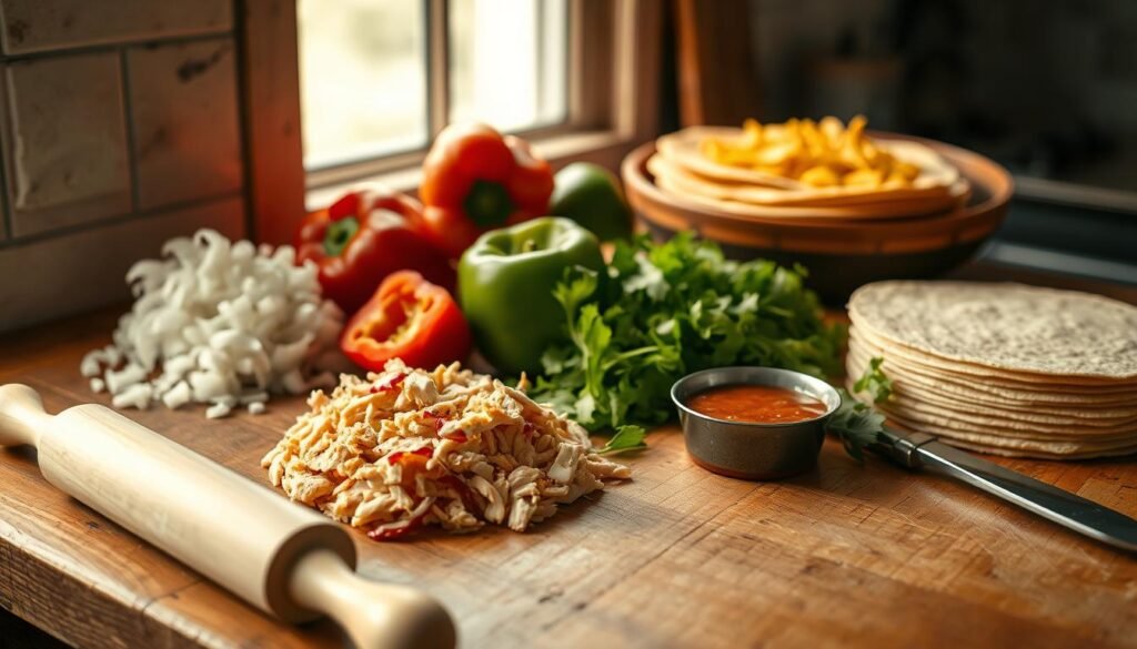 A rustic kitchen countertop with neatly arranged enchilada ingredients: freshly chopped onions, vibrant bell peppers, tender shredded chicken, and a stack of warm corn tortillas. In the foreground, a rolling pin, a sharp knife, and a small bowl of enchilada sauce stand ready. Soft, natural lighting from a nearby window casts a warm glow over the scene, highlighting the textures of the wooden surfaces and the vibrant colors of the produce. The overall mood is one of cozy, homemade preparation, inviting the viewer to envision the delicious enchiladas to come.