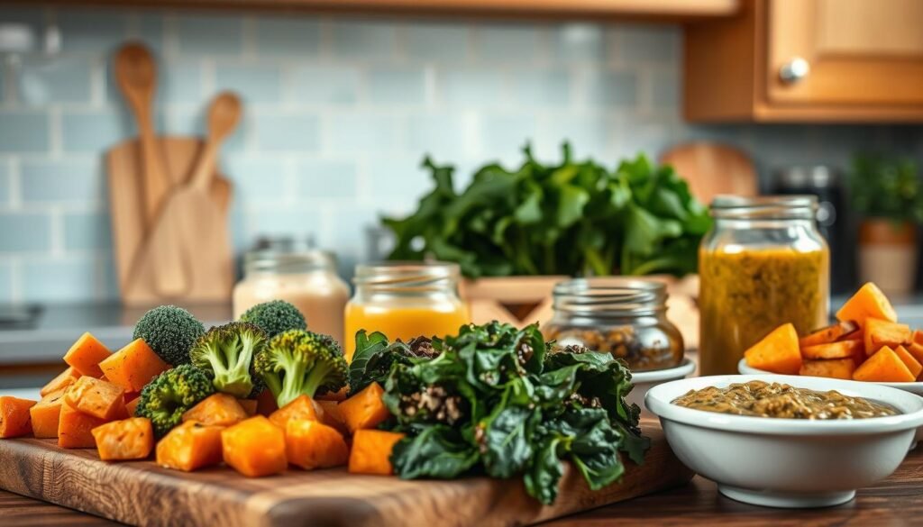 A rustic kitchen scene filled with an array of nutritious sides and savory sauces. In the foreground, a wooden cutting board showcases an assortment of fresh vegetables, including steamed broccoli, roasted sweet potatoes, and sautéed kale. On the middle ground, glass jars contain vibrant homemade sauces, such as a creamy cashew-based dressing and a zesty chimichurri. The background features a light blue tile backsplash, accentuating the natural warmth of the wooden cabinetry. Soft, natural lighting filters through the kitchen, creating a cozy and inviting atmosphere.