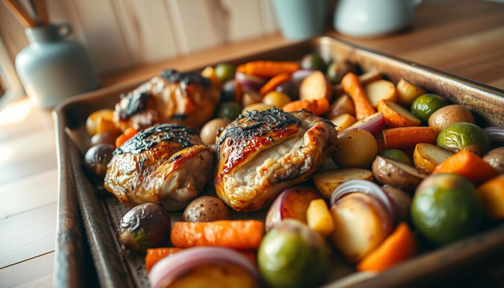 A rustic sheet pan showcases a feast of oven-roasted chicken thighs, baby potatoes, and vibrant vegetables - carrots, Brussels sprouts, and red onion. The succulent chicken glistens under warm, golden lighting, its crispy skin complemented by the tender, caramelized vegetables. In the cozy, minimal kitchen, wooden textures and light blue accents create a relaxed, inviting atmosphere, drawing the eye to the nourishing, one-pan meal. The low-angle perspective emphasizes the comforting simplicity of this weeknight game-changer, a delicious and effortless solution for busy schedules.