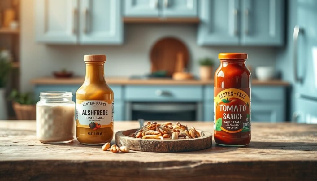 A selection of vibrant, gluten-free sauces arranged on a rustic wooden surface in a cozy, minimalist kitchen. The sauces include a creamy cashew-based alfredo, a zesty pesto with toasted pine nuts, and a hearty tomato-based marinara. The scene is bathed in warm, natural lighting, casting a soft glow and gentle shadows. The layout is clean and uncluttered, with light blue accents on the kitchen cabinets providing a calm, inviting atmosphere. The focus is on the diversity and appetizing appearance of the sauces, showcasing their potential to elevate gluten-free meals.
