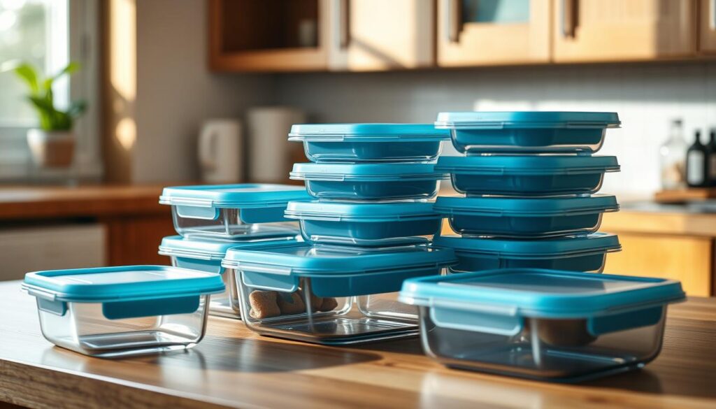 A set of modern, sleek meal prep containers arranged on a wooden kitchen counter. The containers are made of high-quality, transparent glass or BPA-free plastic, with airtight lids in light blue tones. The containers are neatly stacked, showcasing their minimalist design and efficient storage capabilities. Soft, natural lighting from a window casts a warm, cozy glow across the scene, highlighting the wooden textures of the counter and surrounding cabinetry. The overall atmosphere is one of organization, practicality, and a focus on healthy, home-cooked meals.