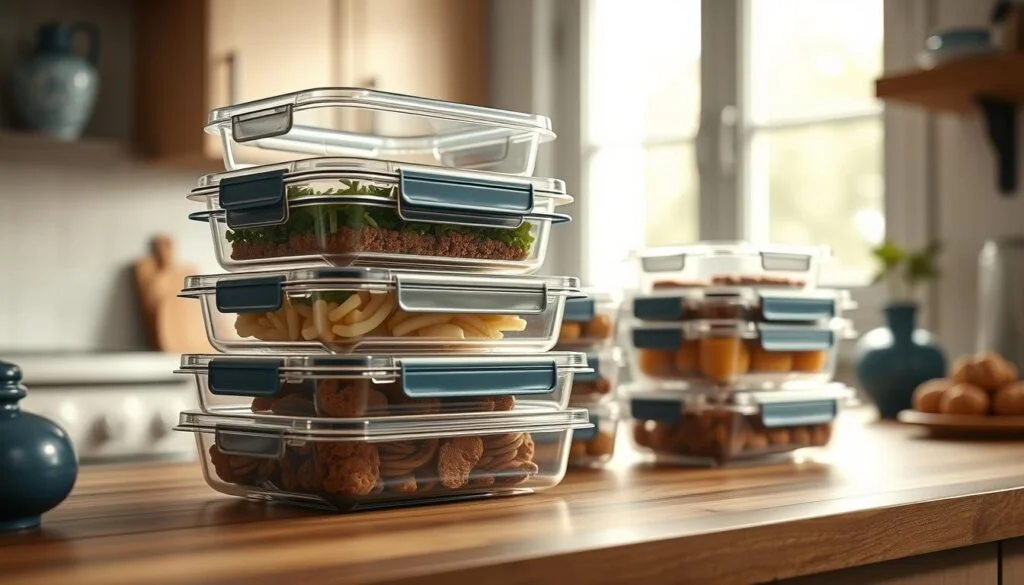 A set of rectangular, stackable meal prep containers in various sizes, arranged neatly on a wooden kitchen counter. The containers are made of high-quality, transparent plastic, allowing the contents to be easily visible. The lids have airtight seals and snap-on closures for secure storage. Soft, natural light filters through a nearby window, casting a warm, inviting glow on the scene. The containers are complemented by subtle blue accents, such as a small vase or decorative piece, adding a touch of color to the minimalist, rustic-inspired kitchen setting.