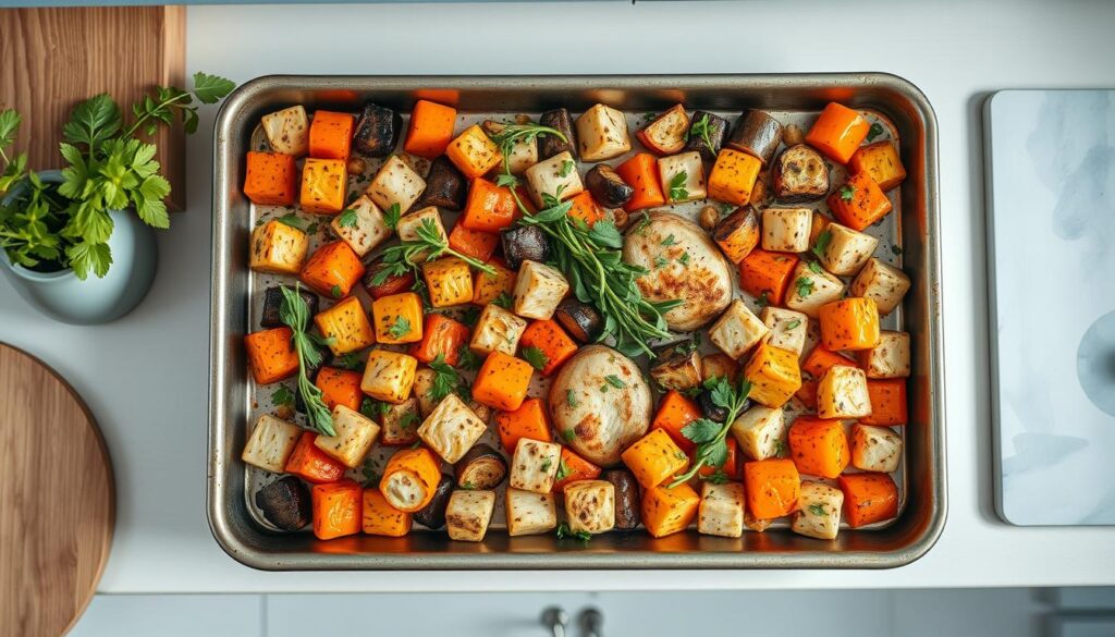A sheet pan filled with a visually appealing arrangement of roasted vegetables, protein, and fresh herbs. The ingredients are artfully placed in a natural, effortless composition, creating an inviting and appetizing display. Soft, natural lighting casts a warm glow, highlighting the vibrant colors and textures of the food. The minimal kitchen setting with wooden accents and light blue details provides a clean, uncluttered backdrop, allowing the meal to take center stage. The overall scene exudes a sense of simplicity and elegance, reflecting the aesthetic presentation of a sheet pan dinner prepared with care and attention to detail.