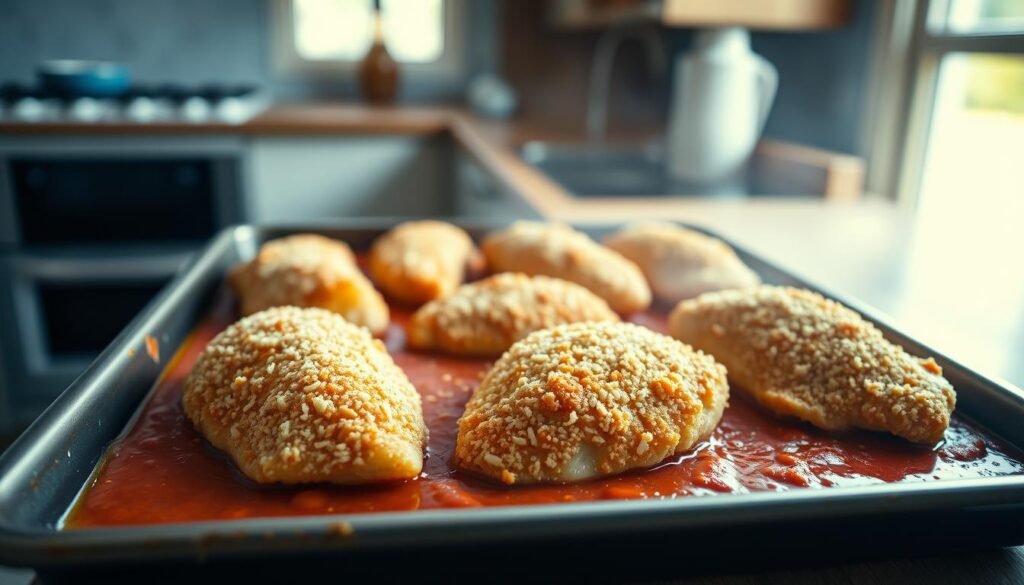 A sheet-pan filled with golden-brown chicken breasts, coated in a crisp, parmesan-infused breading, resting on a bed of rich, tomato-based sauce. The kitchen is bathed in warm, soft lighting, highlighting the subtle blue and wood tones that create a cozy, inviting atmosphere. The chicken glistens, its surface reflecting the gentle illumination, while the vibrant red sauce simmers beneath, adding depth and contrast to the scene. The camera angle captures the dish at an eye-level perspective, drawing the viewer in, eager to savor the comforting flavors of this classic chicken parmesan variation.