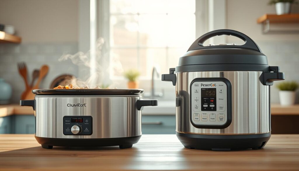 A side-by-side comparison of a modern, sleek slow cooker and a compact, high-tech pressure cooker set against a backdrop of a cozy, minimalist kitchen. The slow cooker, with its brushed stainless steel exterior, gently simmers a hearty stew, its aromatic steam wafting through the air. The pressure cooker, with its gleaming chrome accents, rapidly builds pressure, ready to tenderize meat and vegetables in a fraction of the time. Soft, natural lighting from a large window bathes the scene in a warm, inviting glow, highlighting the wooden textures and light blue accents that create a calming, efficient atmosphere.