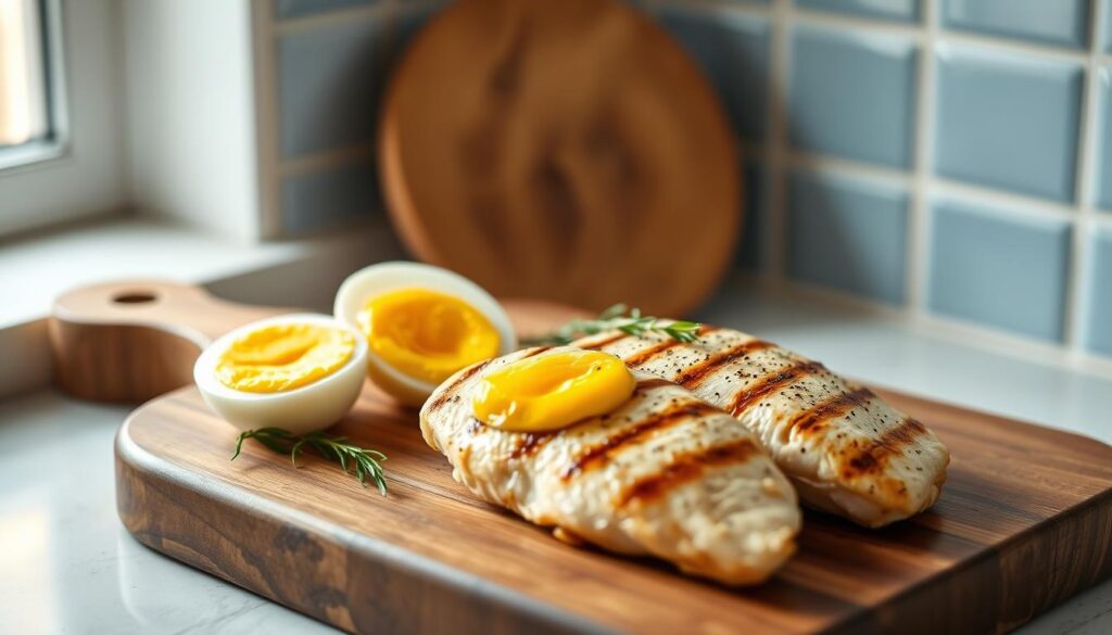 A simple and satisfying lunch of soft-boiled eggs and grilled chicken breast, artfully arranged on a wooden cutting board against a backdrop of light blue kitchen tiles. The eggs' golden yolks contrast with the crisp, lightly seasoned chicken, creating a visually appealing and appetizing composition. Natural window light bathes the scene in a warm, inviting glow, casting gentle shadows and highlighting the textures of the wood and ceramic. The overall mood is one of understated elegance and culinary refinement, fitting for a concluding note in a gourmet recipe article.