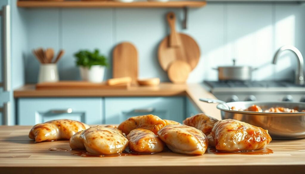 A simple, clean kitchen with light blue accents and wooden textures. On the countertop, a variety of cooking techniques for marinated chicken are showcased - searing, grilling, baking, and simmering. The chicken pieces are arranged in a visually appealing manner, glistening with the marinade. Soft, natural lighting illuminates the scene, creating a cozy and inviting atmosphere. The composition emphasizes the preparation process, highlighting the various methods for cooking flavorful, marinated chicken.