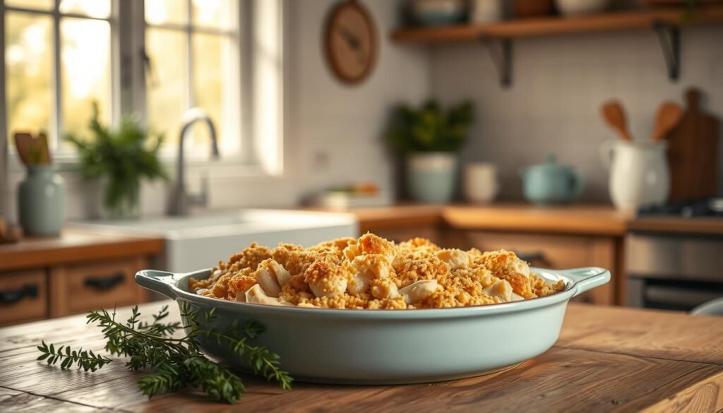 A simple yet delicious chicken casserole, with tender chicken, creamy sauce, and a golden breadcrumb topping, nestled in a cozy kitchen with minimal decor and light blue accents. Warm lighting from a large window illuminates the scene, casting a soft glow on the rustic wooden surfaces. The casserole dish sits prominently on the counter, surrounded by fresh herbs and a few cooking utensils, inviting the viewer to imagine the comforting aroma and flavors.