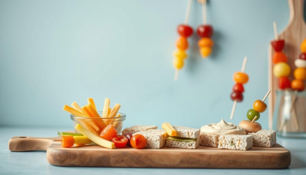 A simple, yet delightful spread of quick cold lunch recipes, presented on a wooden board against a light blue backdrop. Crisp vegetable sticks, creamy hummus, bite-sized sandwiches, and fresh fruit skewers come together in a visually appealing arrangement. Soft, even lighting accentuates the vibrant colors and natural textures, creating a welcoming, homemade atmosphere in the cozy, minimalist kitchen setting.