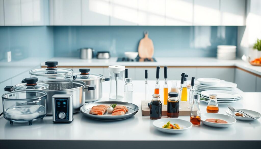 A sleek, modern kitchen with light blue accents and natural wooden textures. In the foreground, an array of sous vide cooking equipment - precision water baths, vacuum sealers, and precision temperature controllers. In the middle ground, a selection of molecular gastronomy tools - pipettes, syringes, and small bowls of extracts and essences. In the background, a minimalist white countertop, with a few plates and serving dishes hinting at the deconstructed dishes to come. Soft, even lighting illuminates the scene, creating a sense of calm and focus on the advanced culinary techniques on display.
