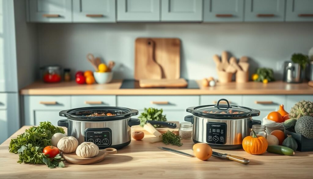 A spacious, well-lit kitchen counter with an array of meal prep ingredients and tools. In the foreground, a slow cooker simmers a hearty stew, its savory aroma filling the air. Surrounding it, neatly arranged vegetables, herbs, and spices await their turn to be chopped and added. In the middle ground, a cutting board and knife stand ready for efficient ingredient preparation. The background features clean, minimal cabinetry in a light blue hue, complementing the warm wooden tones throughout. Soft, diffused lighting creates a cozy, inviting atmosphere, ideal for a relaxed and organized meal prep session.