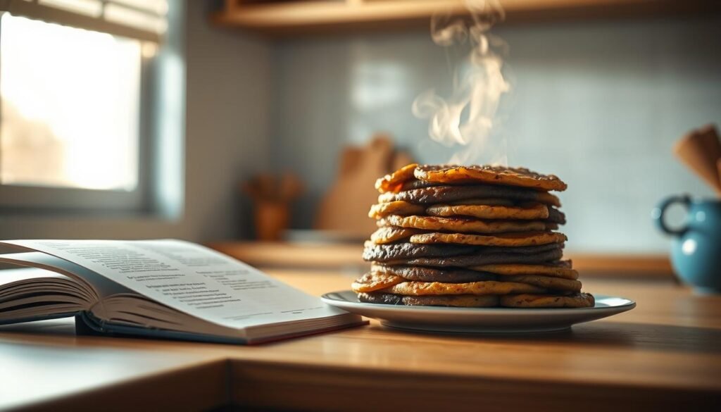 A spotless kitchen counter with a neatly stacked pile of freshly reheated leftovers, steam gently rising. Beside it, an open cookbook with highlighted tips on avoiding common reheating mistakes - preventing dryness, uneven heating, and loss of flavor. The soft, natural light filtering through a nearby window casts a warm glow, highlighting the wooden textures and subtle blue accents that create a cozy, inviting atmosphere. The scene conveys a sense of culinary care and attention to detail, inspiring confidence in the viewer's ability to reheat meals perfectly.