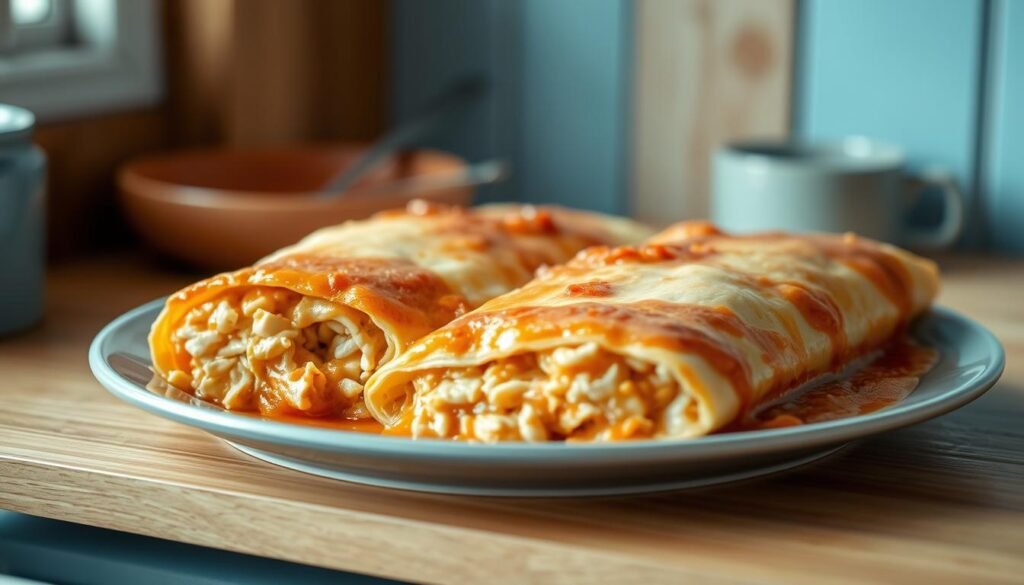 A steaming plate of creamy chicken enchiladas, nestled in a cozy kitchen with warm wooden tones and light blue accents. The enchiladas are bursting with shredded chicken, a rich, velvety sauce, and melted cheese, creating an irresistible blend of spicy and savory flavors. The enchiladas are presented in an inviting manner, with a slight tilt to showcase their tempting cross-section. Soft, indirect lighting casts a gentle glow, highlighting the enchiladas' textures and the subtle details of the minimal kitchen setting. The overall mood is one of comfort, homemade goodness, and the welcoming aromas of a delicious family meal.
