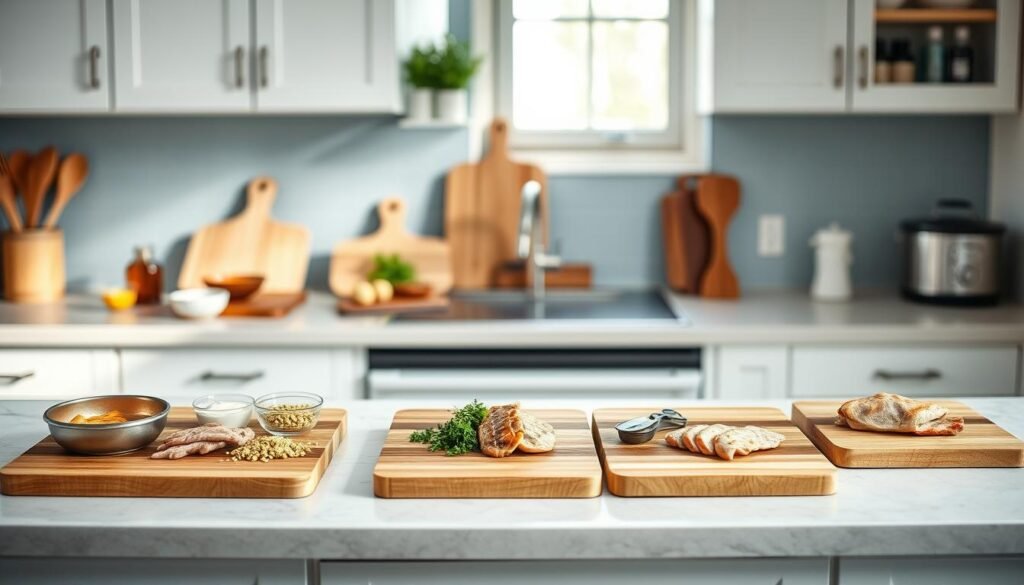 A step-by-step marinade guide, displayed on a series of wooden cutting boards in a cozy, minimalist kitchen. The boards showcase various ingredients and preparation steps, with a light blue backsplash and natural lighting creating a warm, inviting atmosphere. The layout is clean and organized, guiding the viewer through the process of creating flavorful, make-ahead marinades for family dinners. The image conveys a sense of simplicity and ease, reflecting the 