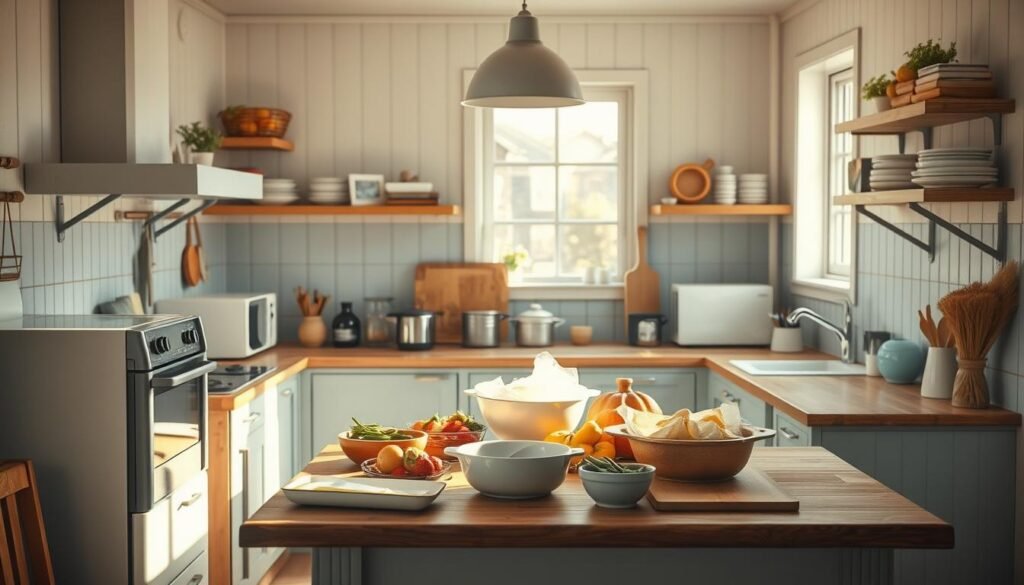 A step-by-step visual guide for batch cooking in a cozy, minimal kitchen with wooden textures and light blue accents. Featuring a central workspace with various cooking utensils, appliances, and ingredients neatly arranged. The scene is bathed in warm, soft lighting, creating a serene and inviting atmosphere. The camera angle is slightly elevated, allowing for a clear view of the entire process, guiding the viewer through the preparation stages. The overall composition emphasizes organization, efficiency, and the joy of home-cooked meals.
