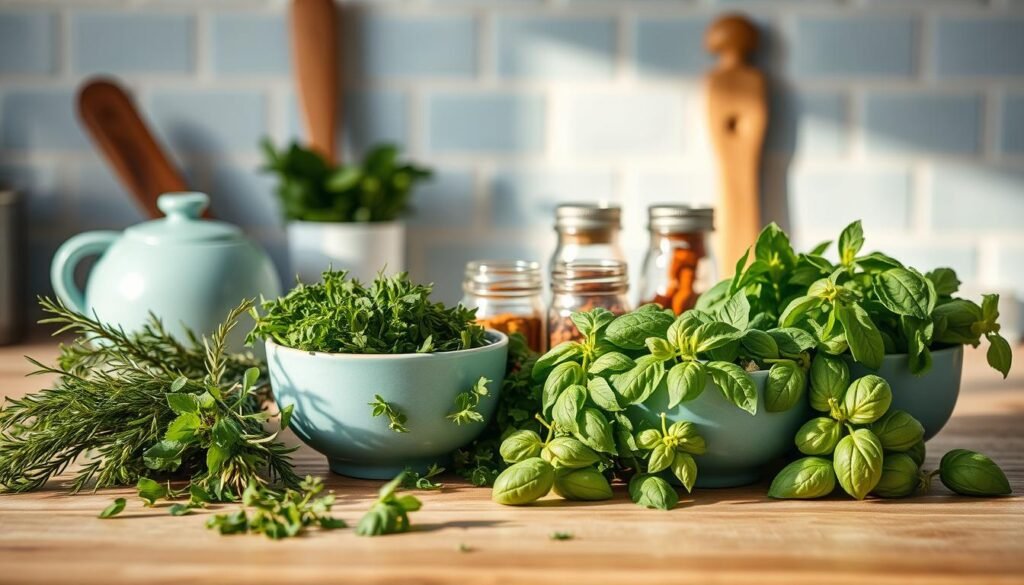 A still life of various low-calorie flavor boosters arranged neatly on a wooden kitchen counter. In the foreground, an assortment of fresh herbs like rosemary, thyme, and basil, their vibrant green hues popping against the light blue ceramic bowls. In the middle ground, small glass jars filled with aromatic spices like cayenne, cumin, and paprika. The background features a wall with light blue subway tiles, creating a cozy, minimalist atmosphere. Soft, diffused lighting illuminates the scene, highlighting the natural textures and colors. The overall mood is one of simple culinary elegance and health-conscious innovation.