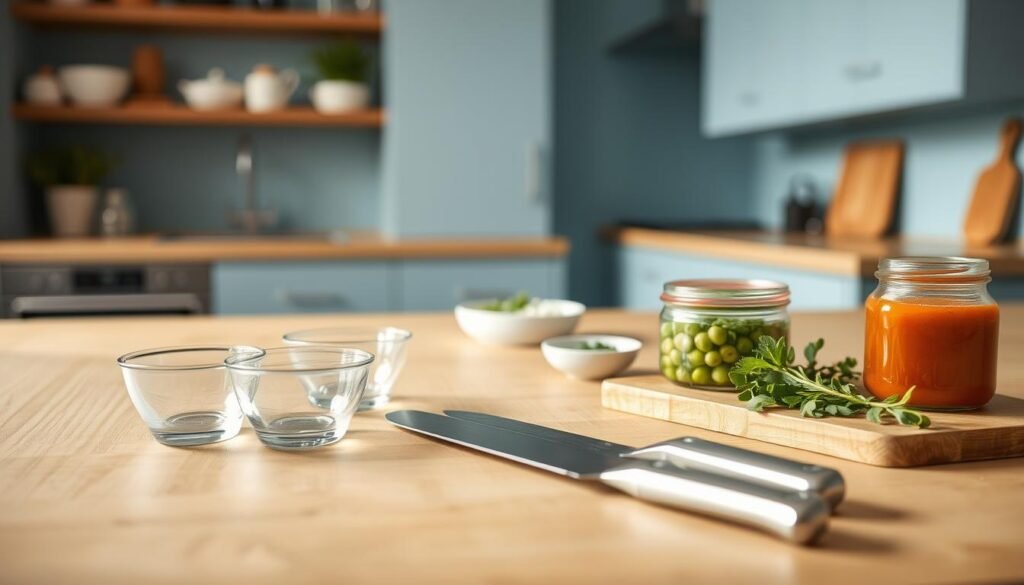 A stylish, modern kitchen with sleek wooden surfaces and light blue accents. In the foreground, a selection of essential meal prep tools arranged neatly: glass containers, a stainless steel colander, a sharp chef's knife, and a wooden cutting board. In the middle ground, a small bowl of fresh herbs and a jar of homemade sauce. The lighting is soft and warm, creating a cozy, inviting atmosphere. The camera angle is slightly elevated, capturing the scene from an overhead perspective, emphasizing the carefully curated arrangement of the meal prep essentials.