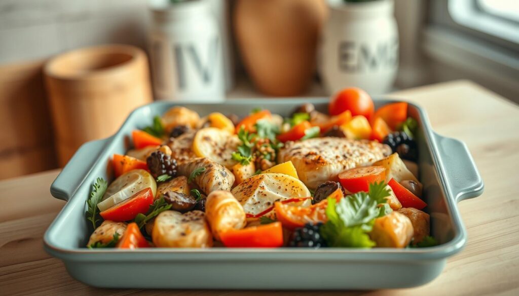 A stylish one-pan meal with a harmonious arrangement of fresh vegetables, protein, and flavorful seasonings. The meal is presented on a minimalist sheet pan with a light blue enamel finish, nestled in a cozy kitchen with warm wooden accents. Soft, directional lighting casts a gentle glow, highlighting the natural textures and colors. The composition is balanced, with each element carefully placed to create an inviting and visually appealing presentation. The overall atmosphere exudes a sense of simplicity, comfort, and culinary prowess.