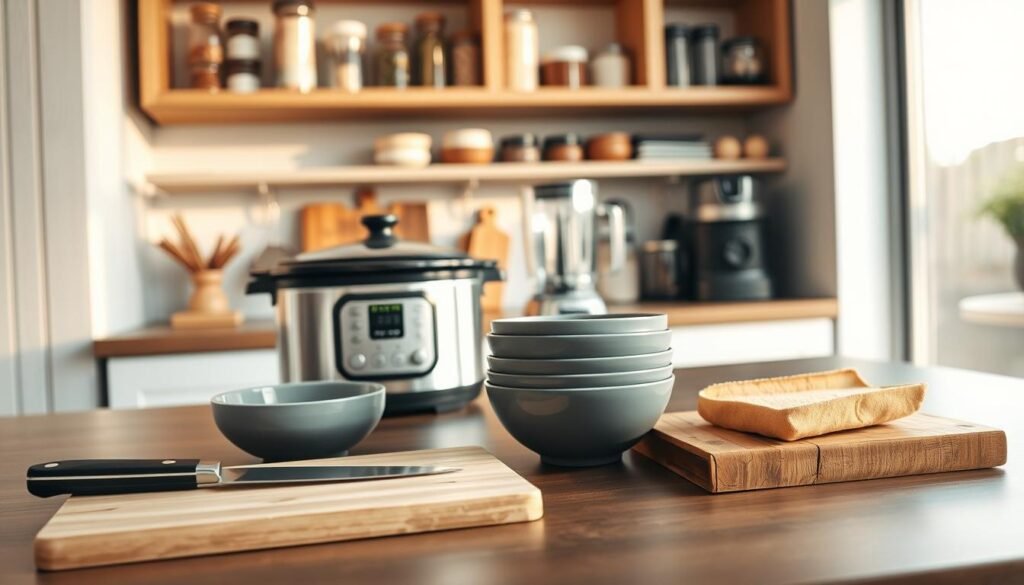 A stylish, well-organized kitchen counter showcases an array of budget-friendly meal prep tools. In the foreground, a sturdy cutting board, a sharp chef's knife, and a set of nesting mixing bowls in muted shades of blue and gray stand ready for chopping, mixing, and measuring. In the middle ground, a slow cooker, a food processor, and a compact blender sit atop the sleek, wooden surface, suggesting efficient meal assembly. The background features open shelving displaying a collection of glass jars, spice tins, and other essentials, all bathed in the warm, natural light streaming through a nearby window. The overall atmosphere conveys a sense of organization, simplicity, and practicality - the perfect setting for budget-friendly meal prep.