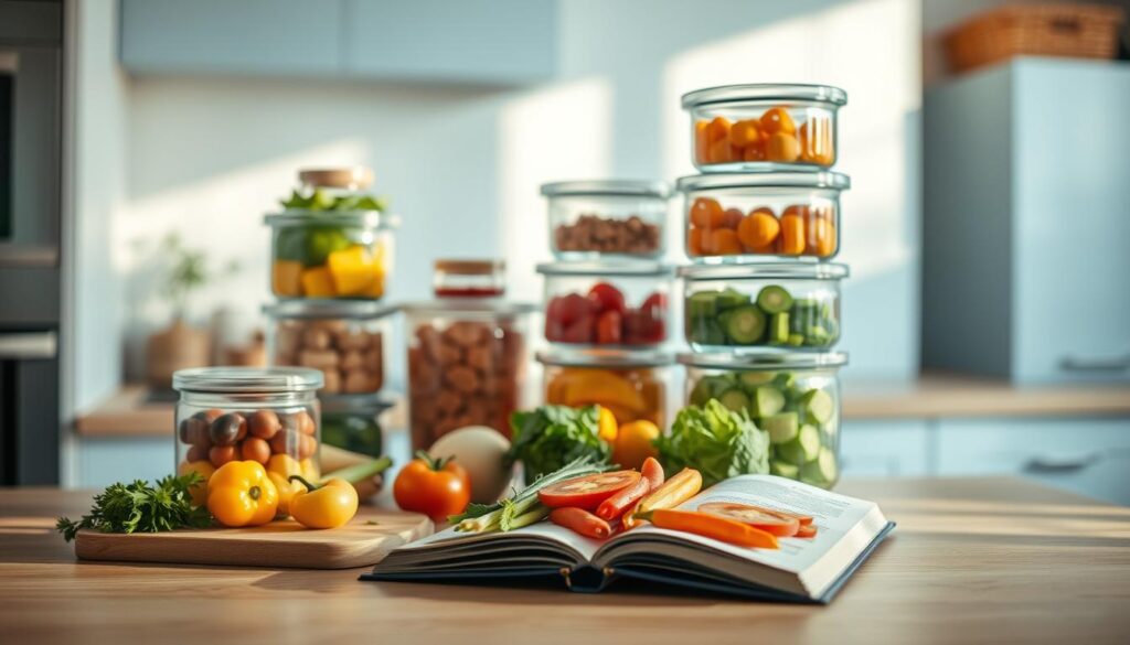 A stylishly organized kitchen counter showcases an array of neatly stacked glass containers filled with fresh, vibrant ingredients. The scene is bathed in warm, soft lighting, casting a cozy, inviting atmosphere. In the foreground, a cutting board displays an array of seasonal produce, ready for meal prep. In the middle ground, a cookbook lies open, its pages filled with delectable recipes. The background features sleek, minimalist cabinetry in a light blue hue, complementing the wooden textures that lend a sense of natural warmth to the space. This serene, well-curated kitchen setting perfectly captures the essence of strategic meal planning and the transformative power of a stress-free dinnertime.