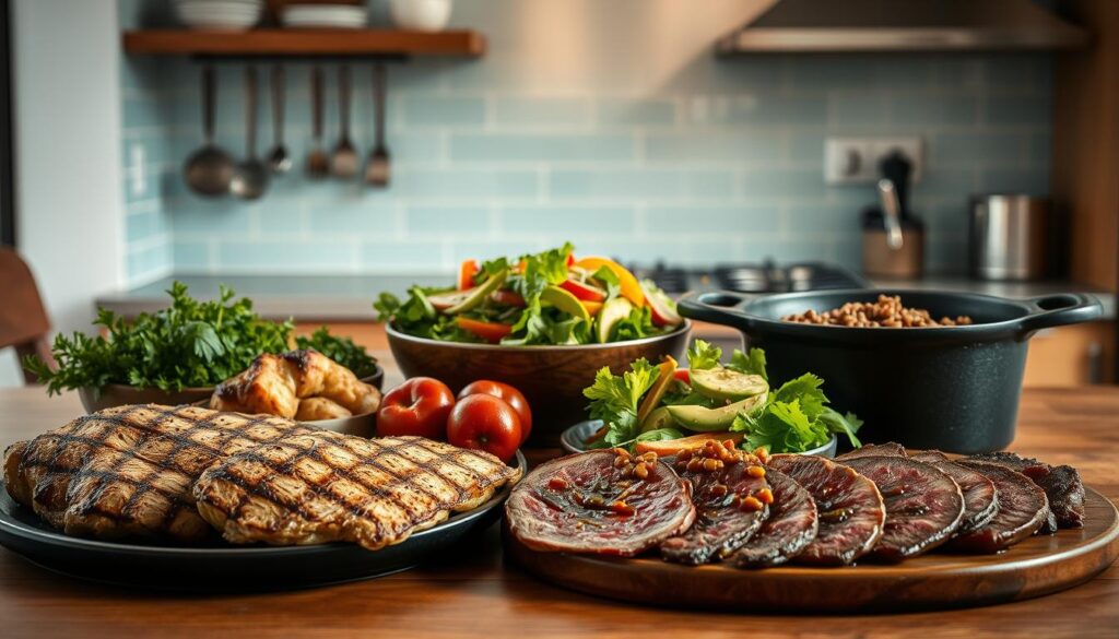A sumptuous feast of high-protein delights arranged artfully on a wooden kitchen table, illuminated by soft, natural light filtering through a window. In the foreground, juicy grilled chicken breasts, tender slices of lean beef, and hearty lentil stew simmering in a cast-iron pot. In the middle ground, a vibrant salad of crisp greens, vibrant vegetables, and a creamy avocado dressing. In the background, a minimalist, light-blue tiled backsplash and gleaming stainless-steel appliances, conveying a sense of culinary expertise and nourishment for active families.