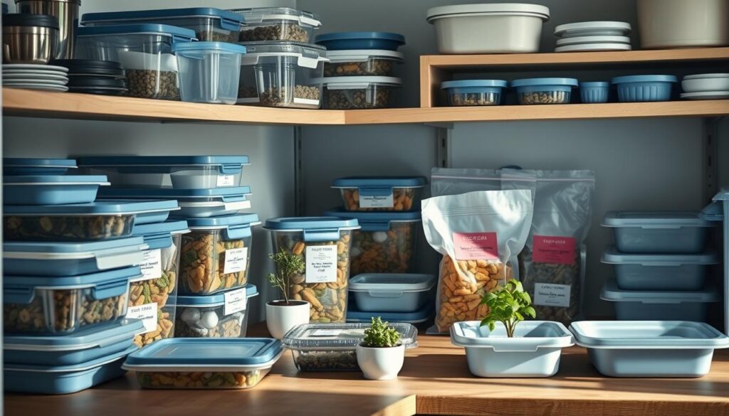 A tidy kitchen counter filled with neatly organized containers, lids, and meal prep tools. Frozen meal trays and bags line the shelves, labeled with ingredients and cooking instructions. The lighting is soft and natural, highlighting the muted blue and wood tones. A few fresh herbs sit in small pots, adding a touch of greenery. The overall scene conveys a sense of efficiency and control, perfect for a step-by-step guide on freezer meal prepping.
