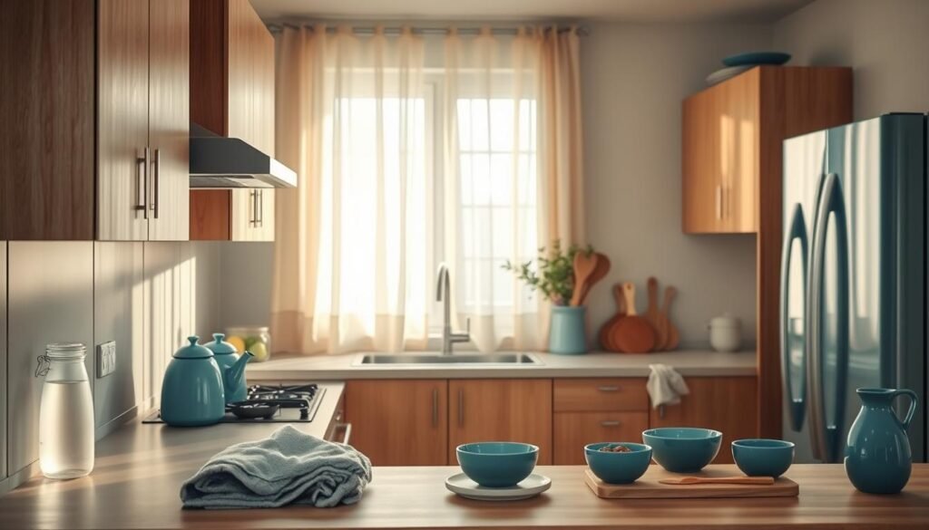 A tranquil kitchen setting, bathed in warm, natural light filtering through airy curtains. Streamlined wooden cabinetry and sleek appliances create a soothing, clutter-free ambiance. Vibrant yet muted blue accents, like a plush tea towel and ceramic dinnerware, lend a calming presence. On the countertop, neatly arranged ingredients and tools suggest effortless, stress-free meal preparation. The scene conveys a sense of mindfulness and simplicity, inviting the viewer to embrace a relaxed, organized approach to home cooking.