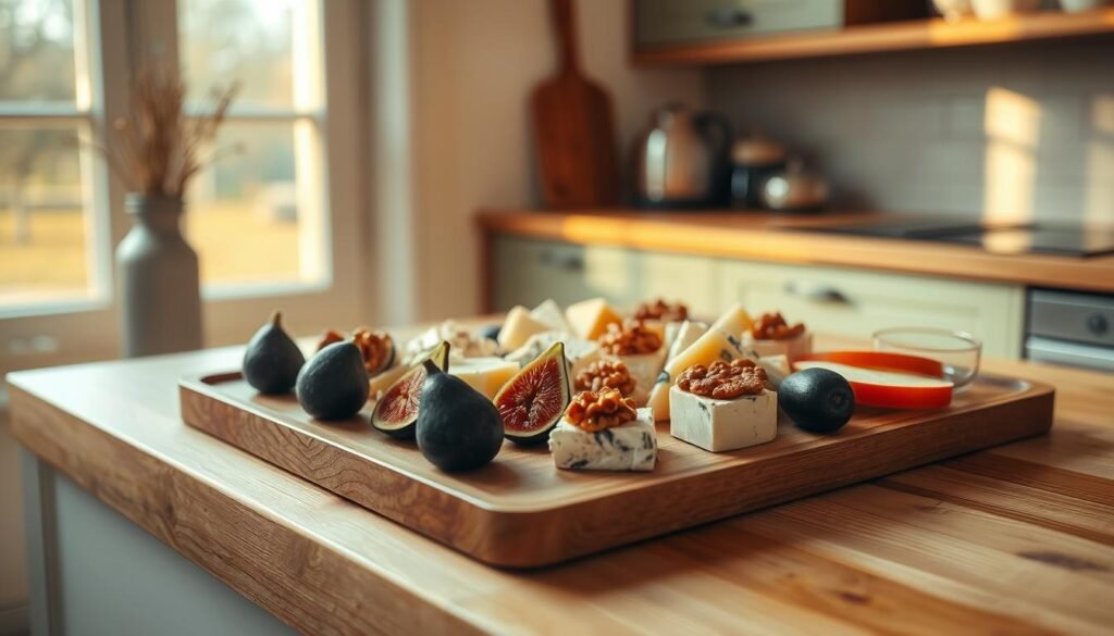 A tray of artfully arranged gourmet cheese appetizers rests on a wooden countertop in a cozy, minimalist kitchen. Soft cubes of brie, crumbly blue cheese, and aged cheddar are accompanied by fresh figs, candied walnuts, and slices of crisp apple. Warm, natural lighting from a nearby window casts a golden glow, highlighting the rich textures and vibrant colors of the meticulously plated hors d'oeuvres. The overall atmosphere is one of rustic elegance, inviting the viewer to savor each bite of this creative cheese-based finger food.