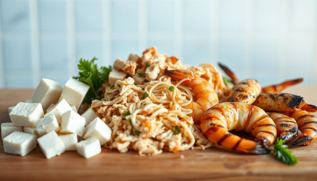 A variety of protein-rich ingredients for a nourishing stir fry, artfully arranged on a wooden cutting board against a light blue-accented kitchen backdrop. Fresh, sliced tofu, marinated tempeh, shredded chicken, and grilled shrimp stand out with natural textures and colors, inviting the viewer to explore alternative protein options for a quick, satisfying family meal. Soft, diffused lighting casts a warm, homey glow, while the minimal, uncluttered setting emphasizes the simplicity and flexibility of these stir fry substitutes.